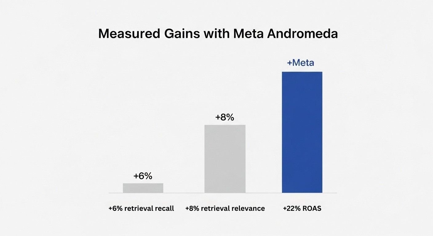 Meta Andromeda performance improvements chart showing +6% retrieval recall, +8% relevance quality, +22% ROAS