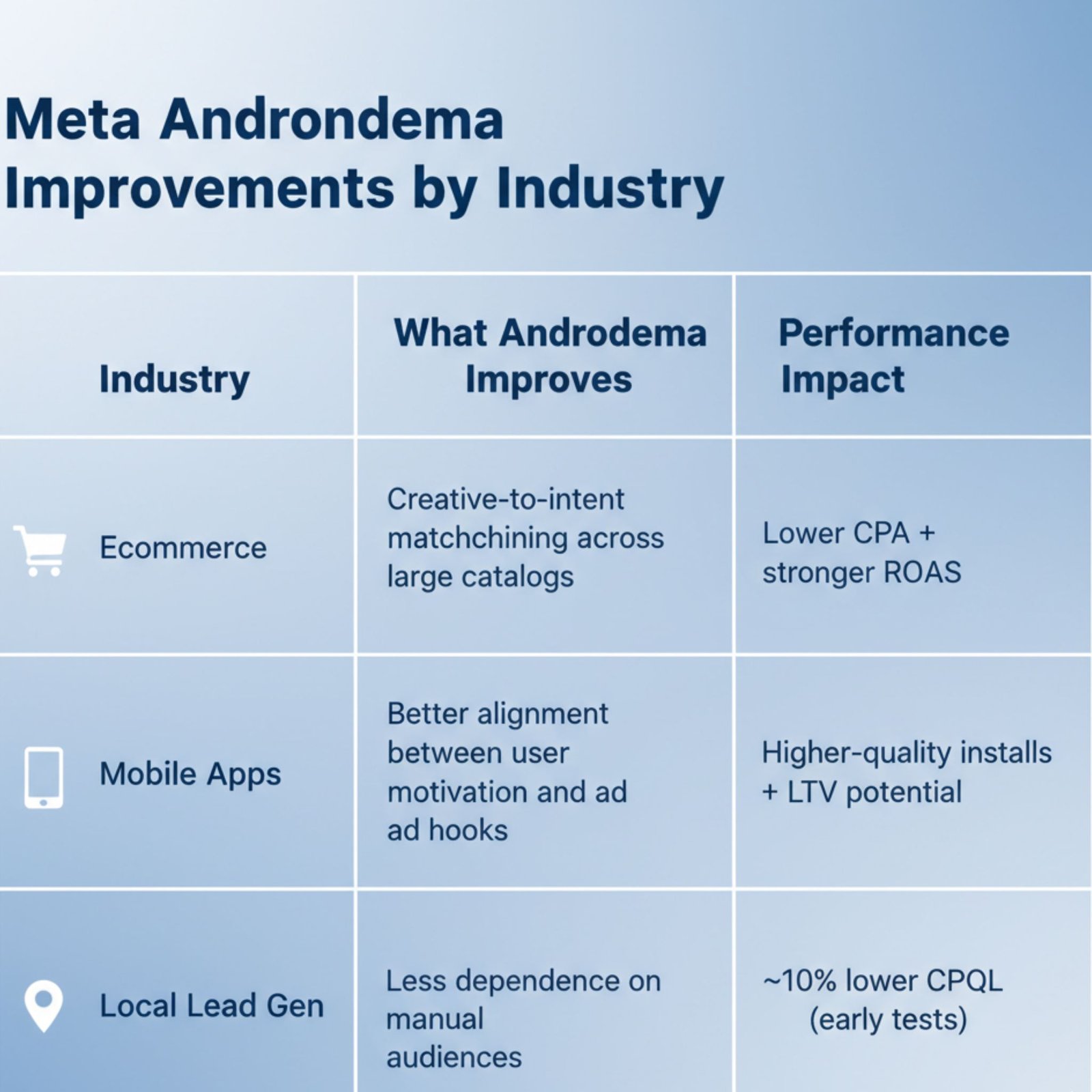 Meta Andromeda performance impact by industry eCommerce, mobile apps, and local lead generation with retrieval and creative signal improvements