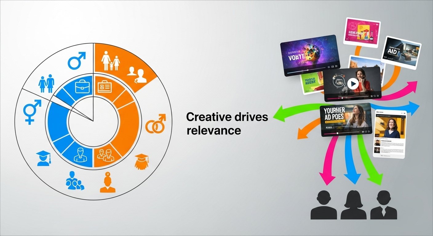 Creative-based targeting graphic comparing audience segmentation with auto-matched creative relevance signals on Meta ads.
