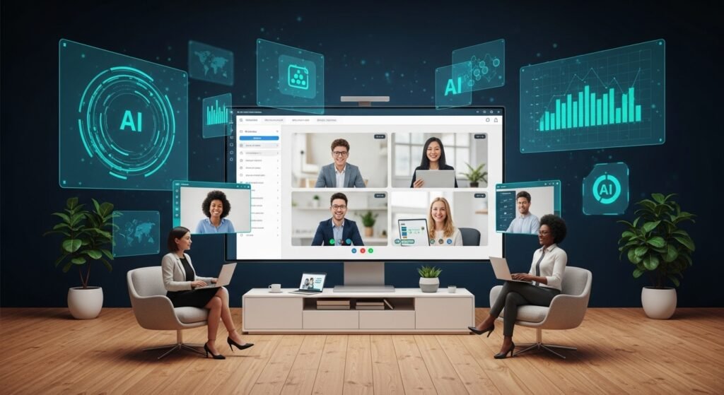 A vsiual representation of how digital joinery is empowered with A.i multiple floating screens 
